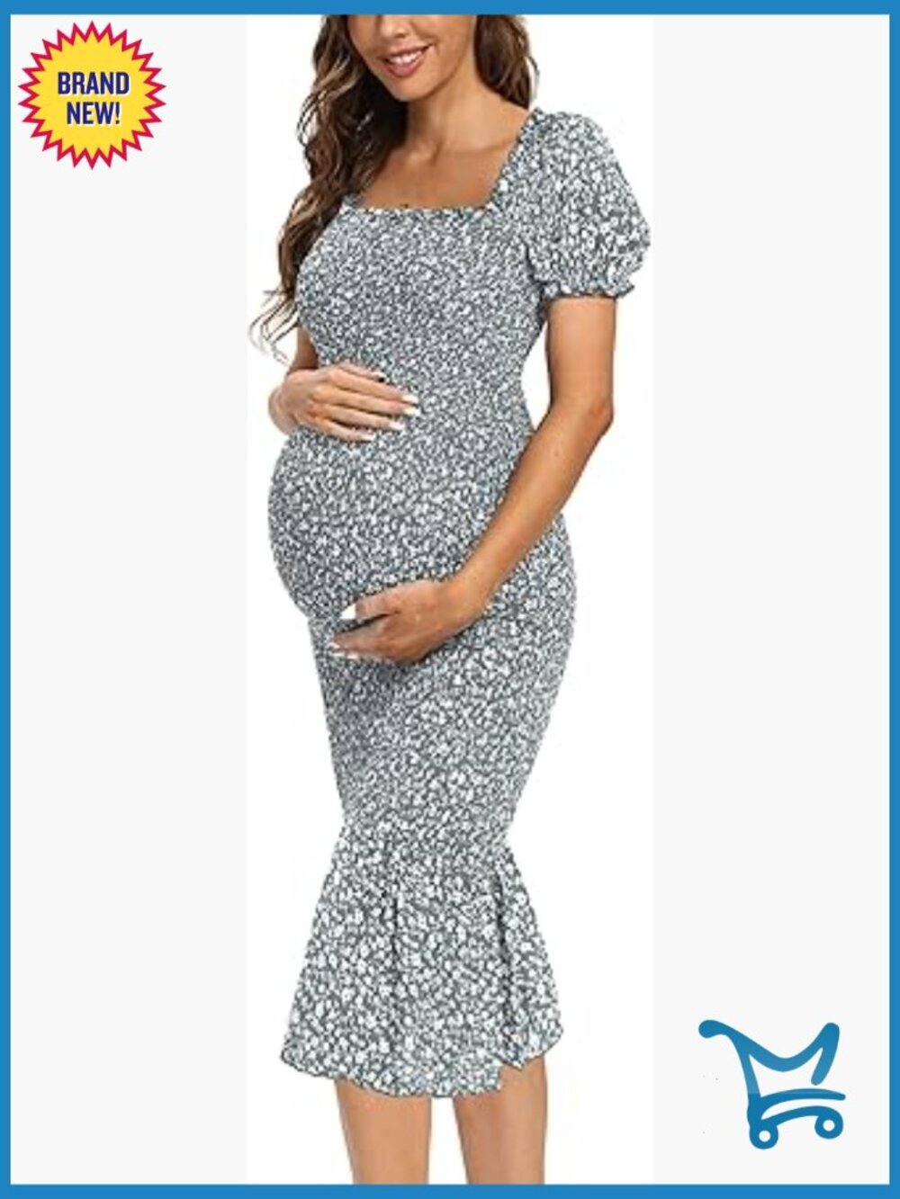 Midi Bodycon Maternity Dress Puff Sleeve Square Neck Ruffle Hem Mermaid